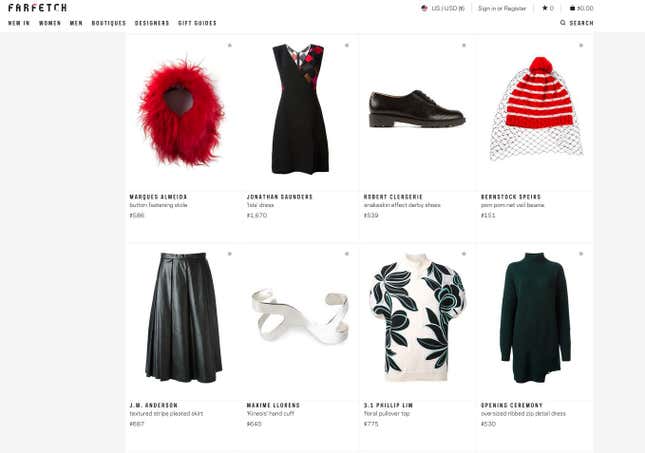 Some current offerings on Farfetch from boutiques in London, Frankfurt, Washington, D.C, New York, Como, Trani, and Mantova.