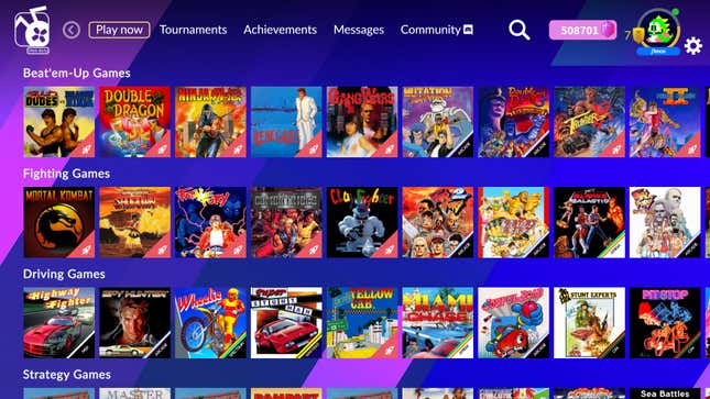 A menu screen shows rows of games arranged by categories like Beat'em-Up Games and Fighting Games.