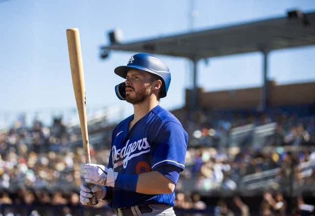Feb 27, 2023; Peoria, Arizona, USA; Los Angeles Dodgers infielder Gavin Lux against the San Diego Padres during a spring training game at Peoria Sports Complex.