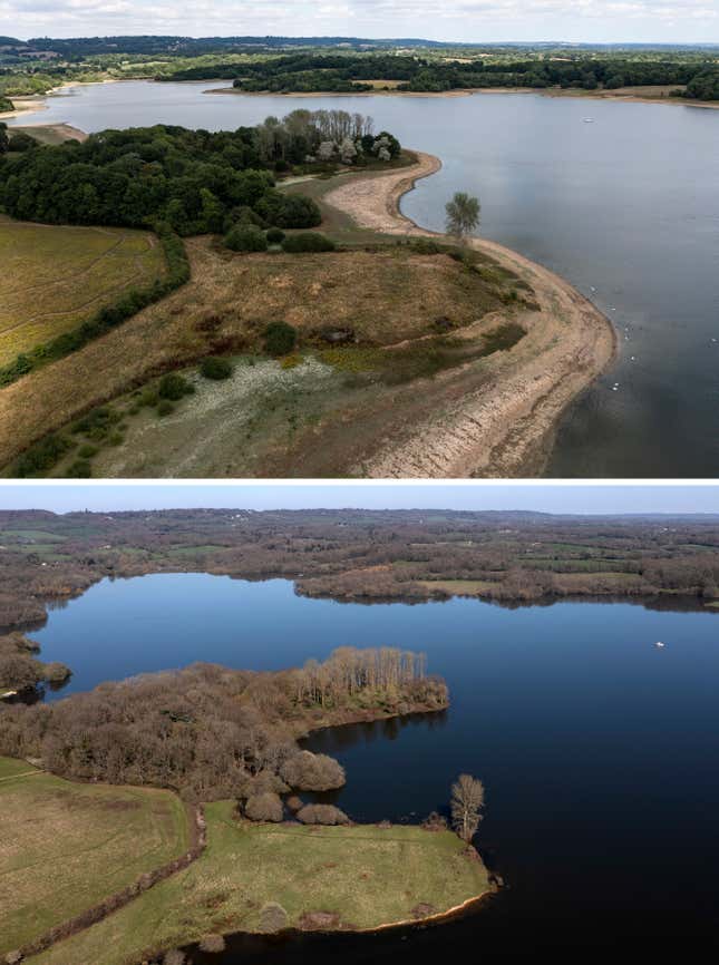 A view of the reservoir in early August 2022 versus early April 2023. 