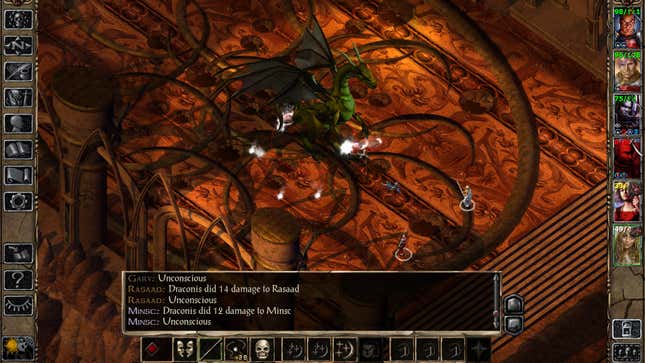 Characters fight a dragon with various combat information spelled out in a text box.