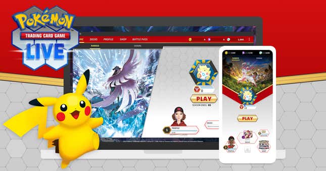 Pikachu läuft vor einem Computer und einem Telefon und spielt Pokémon Trading Card Game Live.