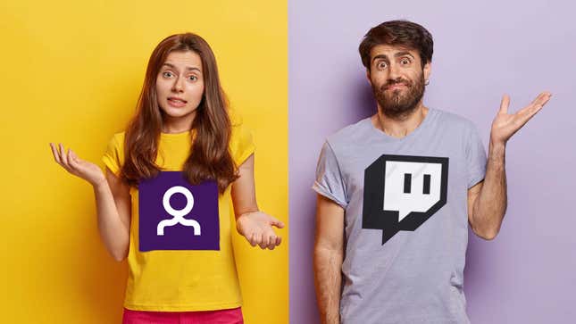 A man and a woman wearing Twitch shirts hold up their arms in confusion while standing in front of purple and yellow walls.