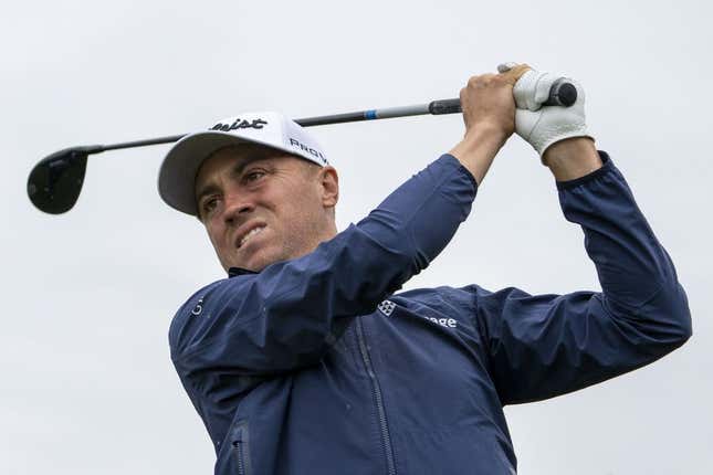 July 18, 2023; Hoylake, ENGLAND, GBR; Justin Thomas hits his tee shot on the fifth hole during a practice round of The Open Championship golf tournament at Royal Liverpool.