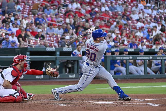 Aug 17, 2023; St. Louis, Missouri, USA;  New York Mets first baseman Pete Alonso (20) hits a two run home run against the St. Louis Cardinals during the fourth inning at Busch Stadium.