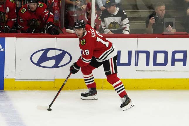 Apr 13, 2023; Chicago, Illinois, USA; Chicago Blackhawks center Jonathan Toews (19) plays in his last game as a Blackhawk against the Philadelphia Flyers during the first period at United Center.