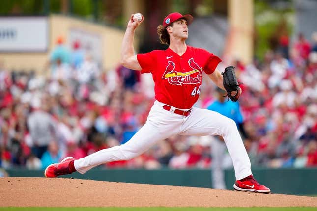 Mar 20, 2023; Jupiter, Florida, USA; St. Louis Cardinals pitcher Jake Woodford (44) throws a pitch against the Miami Marlins during the first inning at Roger Dean Stadium.