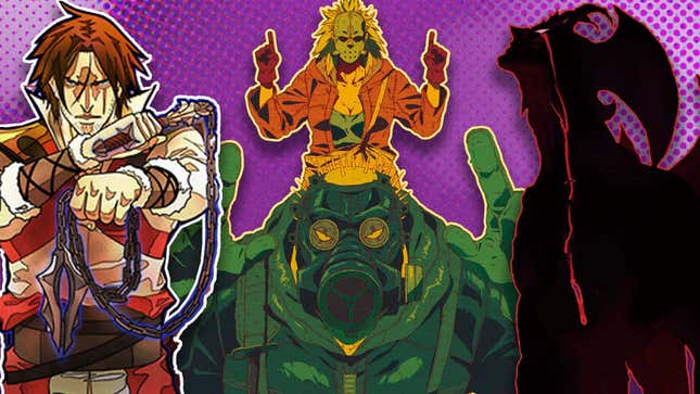 Castlevania's Trevor Belmont, Devilman Crybaby's Amon, and Dorohedoro's Caiman and Nikaido pose together  in a collage.