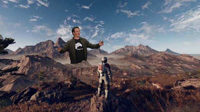 Xbox head Phil Spencer appearing behind a mountain on a Starfield planet. 