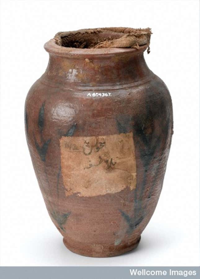 Earthenware jar with Urdu inscription containing unani medical preparations, 1801.