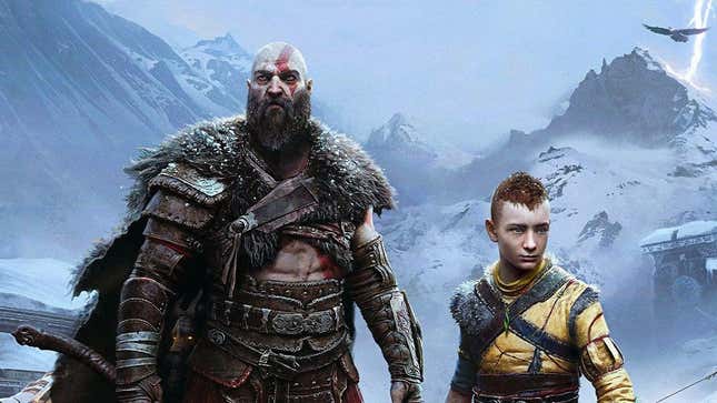 Characters from video game God of War stand on an icy landscape.