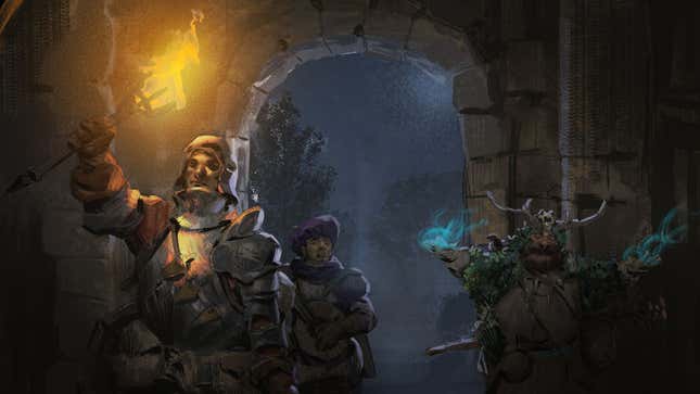 A group of knights enter a dark dungeon with a flaming torch.