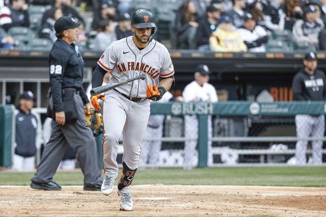 Apr 3, 2023; Chicago, Illinois, USA; San Francisco Giants third baseman David Villar (32) rounds the bases after hitting a solo home run against the Chicago White Sox during the fifth inning at Guaranteed Rate Field.