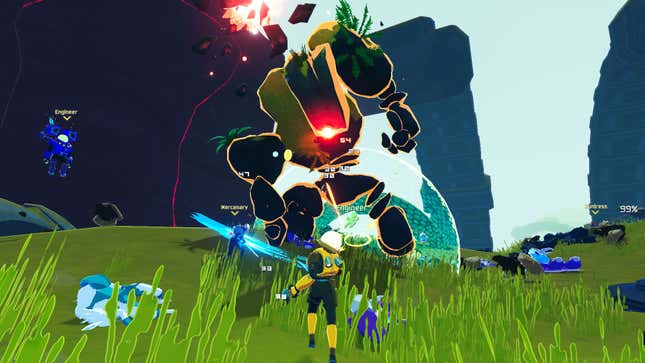 An astronaut fights an alien cyclops monster in a bright green field surrounded by mountains. 