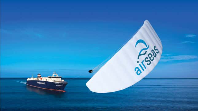An artists impression of a Seawing kite pulling a cargo ship