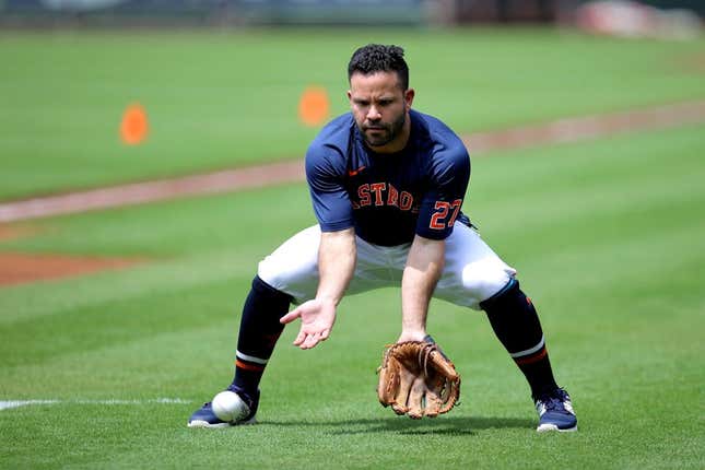 May 2, 2023; Houston, Texas, USA; Houston Astros second baseman Jose Altuve (27) works out prior to the game against the San Francisco Giants at Minute Maid Park.