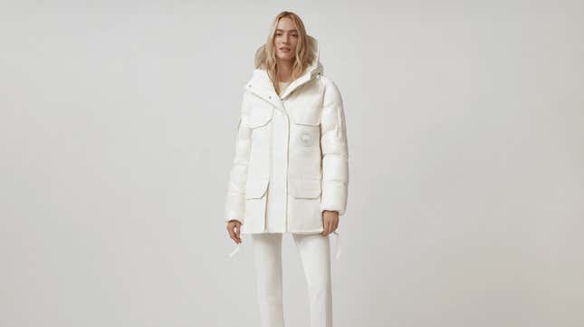 A model wears the Canada Goose standard expedition parka in white