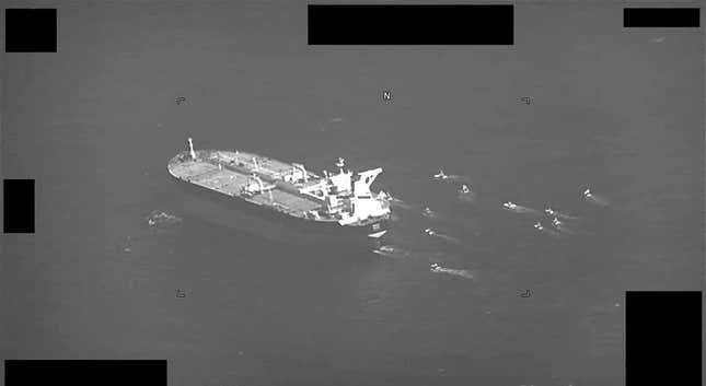 Fast-attack crafts from Iran’s Islamic Revolutionary Guard Corps Navy swarming Panama-flagged oil tanker Niovi on May 3, 2023. 