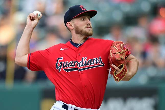 Sep 16, 2023; Cleveland, Ohio, USA; Cleveland Guardians starting pitcher Tanner Bibee (61) throws a pitch during the first inning against the Texas Rangers at Progressive Field.