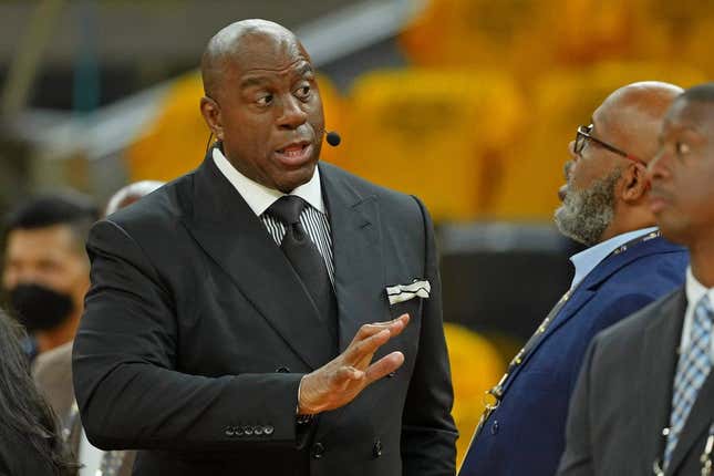 Jun 2, 2022; San Francisco, California, USA; ESPN analyst Magic Johnson before game one of the 2022 NBA Finals between the Golden State Warriors and the Boston Celtics at Chase Center.