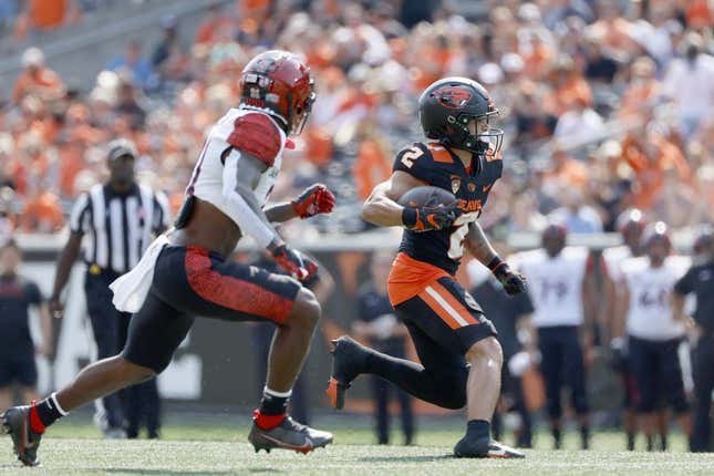 Sep 16, 2023; Corvallis, Oregon, USA; Oregon State Beavers wide receiver Anthony Gould (2) runs the ball during the first half against the San Diego State Aztecs at Reser Stadium.