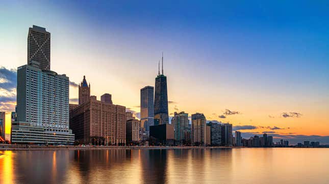 The Chicago skyline at sunset