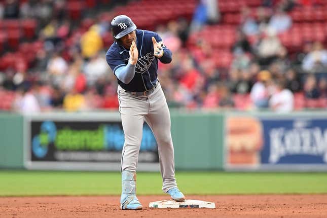 Jun 5, 2023; Boston, Massachusetts, USA; Tampa Bay Rays shortstop Wander Franco (5) reacts after hitting a double against the Boston Red Sox during the seventh inning at Fenway Park.