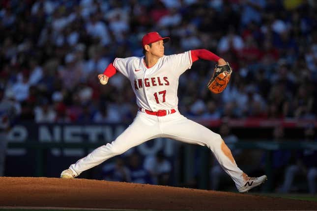 Jun 21, 2023; Anaheim, California, USA; Los Angeles Angels starting pitcher Shohei Ohtani (17) throws in the third inning against the Los Angeles Dodgers at Angel Stadium.