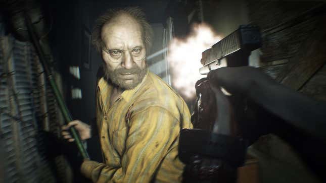 A screenshot from RE7 showing off the FPS camera angle and a nasty old man attacking the player. 