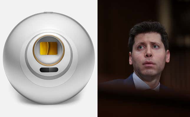 A Worldcoin "Orb" next to Sam Altman looking perturbed.