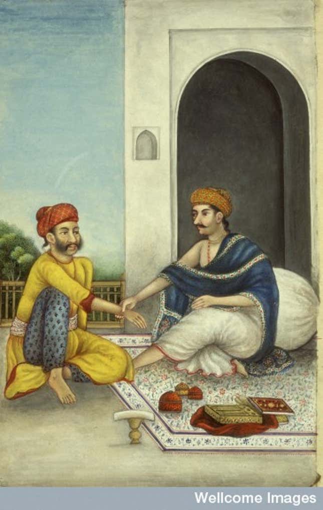 Physician taking pulse. By a Delhi painter. Watercolour, 1825.
