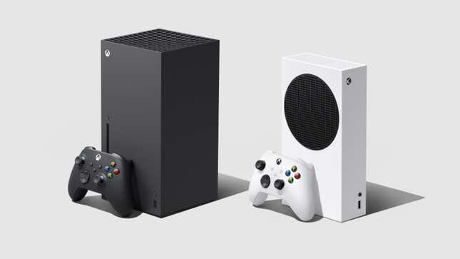 The Xbox Series X and S, stood next to one another on a grey background.