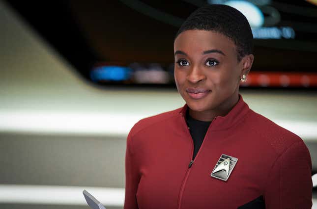 Celia Rose Gooding as Cadet Nyota Uhura in Star Trek: Strange New Worlds.