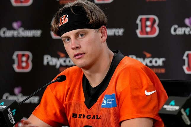 Cincinnati Bengals quarterback Joe Burrow speaks Wednesday, September 6, 2023 at Paycor Stadium during the Week 1 press conference ahead of Sunday&#39;s game against the Cleveland Browns.