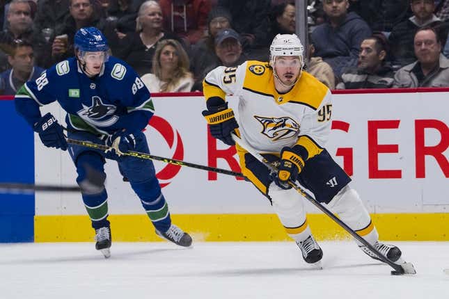 Mar 6, 2023; Vancouver, British Columbia, CAN; Nashville Predators forward Matt Duchene (95) handles the puck against the Vancouver Canucks in the second period at Rogers Arena.