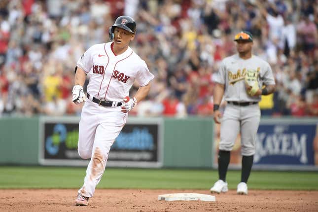 Jul 9, 2023; Boston, Massachusetts, USA;  Boston Red Sox designated hitter Masataka Yoshida (7) rounds the bases after hitting a home run during the eighth inning against the Oakland Athletics at Fenway Park.
