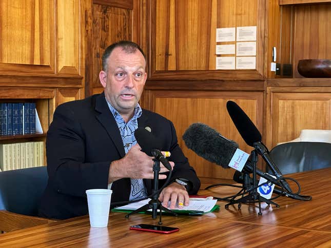 Hawaii Gov. Josh Green speaks to the media, in Honolulu, Friday, Sept. 8, 2023. (AP Photo/Audrey McAvoy)