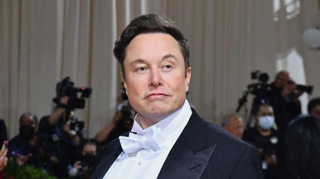 A photo of Elon Musk looking at the camera at the Met Gala in 2022.