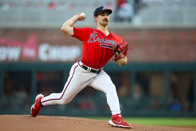Aug 18, 2023; Atlanta, Georgia, USA; Atlanta Braves starting pitcher Spencer Strider (99) throws against the San Francisco Giants in the first inning at Truist Park.