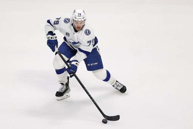 Jun 15, 2022; Denver, Colorado, USA; Tampa Bay Lightning center Ross Colton (79) skates with the puck during the first period of game one of the 2022 Stanley Cup Final against the Colorado Avalanche at Ball Arena. Lightning.