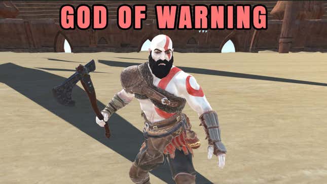 A crappy title screen shows Kratos standing in a big, sandy arena. 