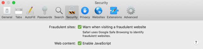 Safari’s security settings on a MacBook Pro.