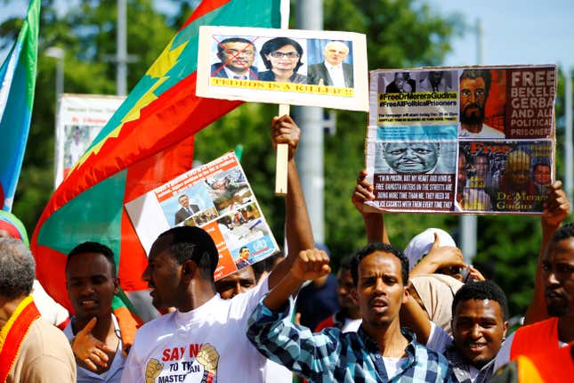 Ethiopians demonstrate outside the Palais des Nations against World Health Organisation (WHO) Director-General candidate Tedros Adhanom Ghebreyesus during the 70th World Health Assembly in Geneva