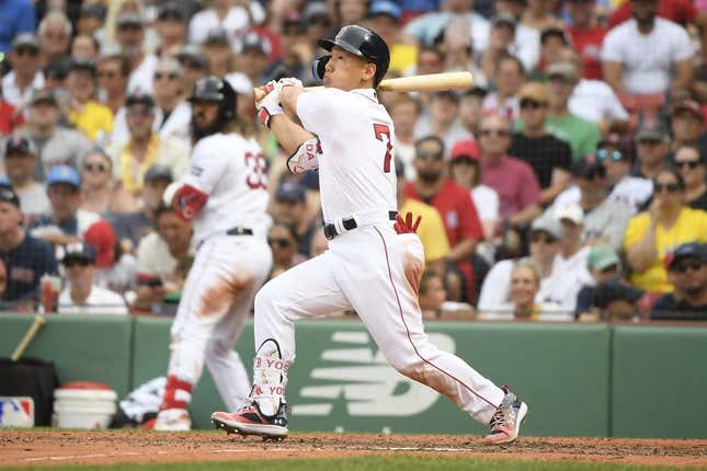 Jul 9, 2023; Boston, Massachusetts, USA;  Boston Red Sox designated hitter Masataka Yoshida (7) hits a home run during the eighth inning against the Oakland Athletics at Fenway Park.