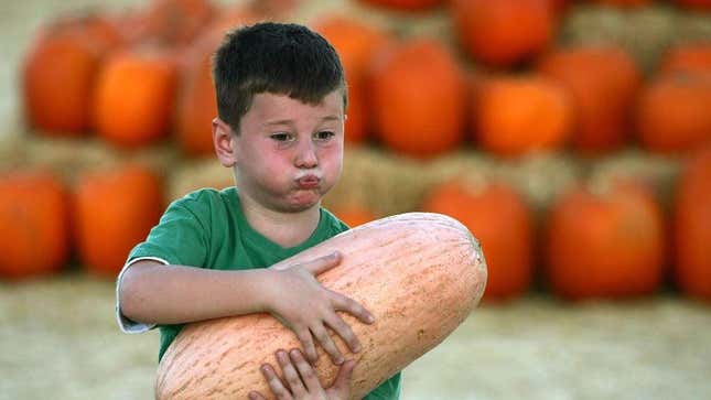 Young boy holds large gourd