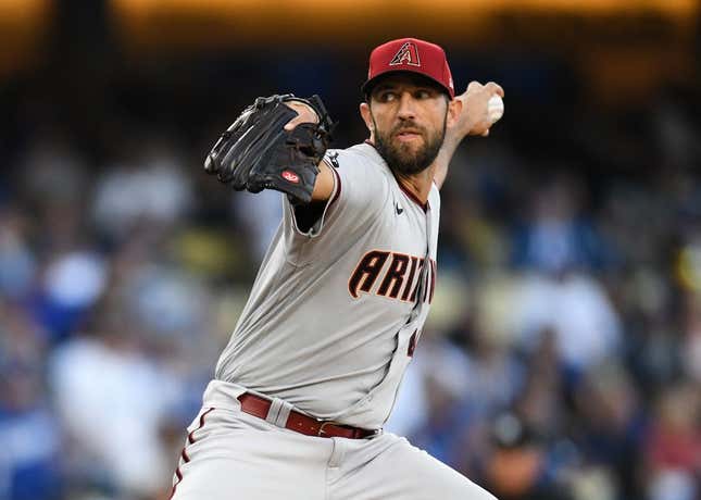 Apr 1, 2023; Los Angeles, California, USA; Arizona Diamondbacks starting pitcher Madison Bumgarner (40) throws a pitch against the Los Angeles Dodgers during the first inning at Dodger Stadium.