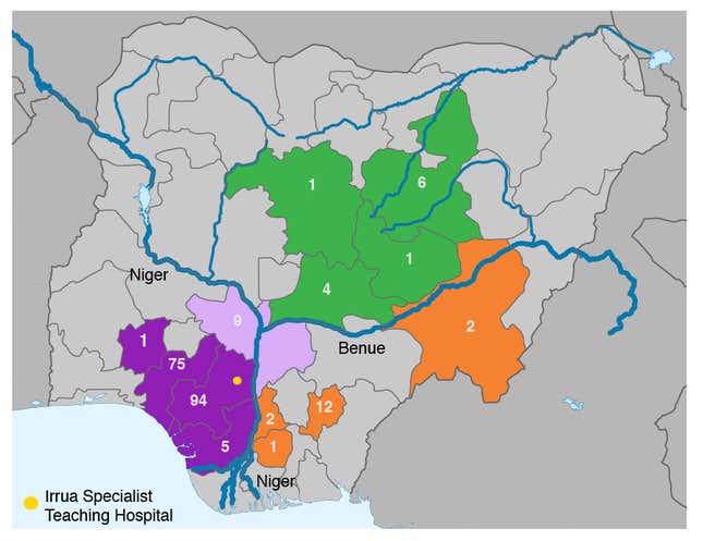 Lassa fever in Nigeria: A map of Nigeria in which the numbers of new genomes are indicated for each state; for seven samples, the state was unknown.