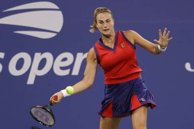Sep 3, 2021; Flushing, NY, USA; Arnya Sabalenka of Belarus hits a forehand against Danielle Collins of the United States (not pictured) on day five of the 2021 U.S. Open tennis tournament at USTA Billie Jean King National Tennis Center.