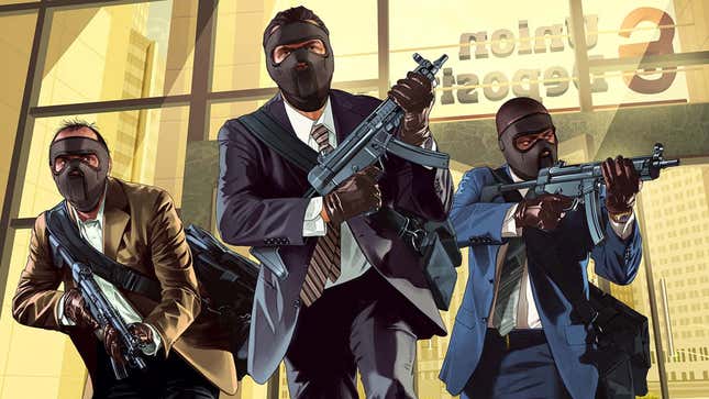 Artwork shows three masked men running out of a bank carrying SMGs. 