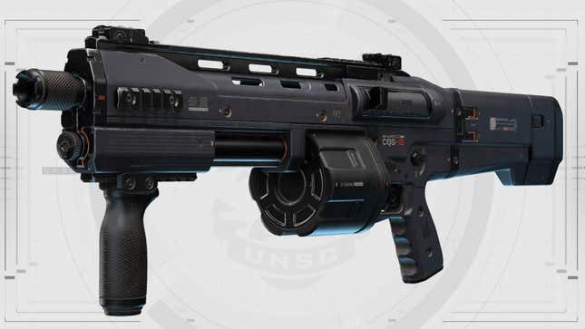 The bulldog shotgun in Halo hovers over a white background.